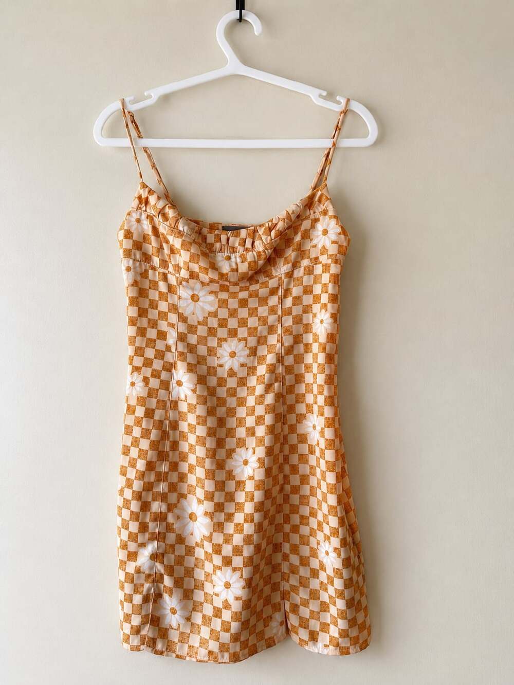 Urban Outfitters Orange Checkerboard Daisy Cowl Neck Mini Dress
